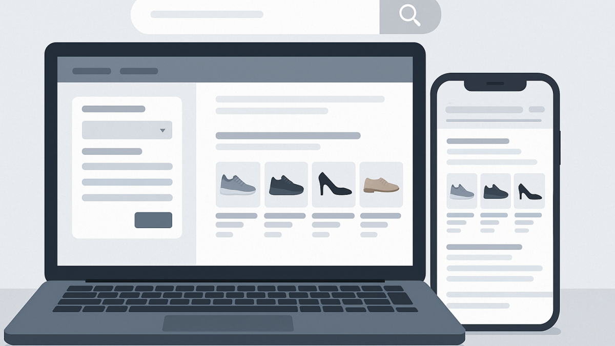 Panel Google Ads z konfiguracją kampanii produktowej PLA i podglądem reklam produktowych w wynikach Google